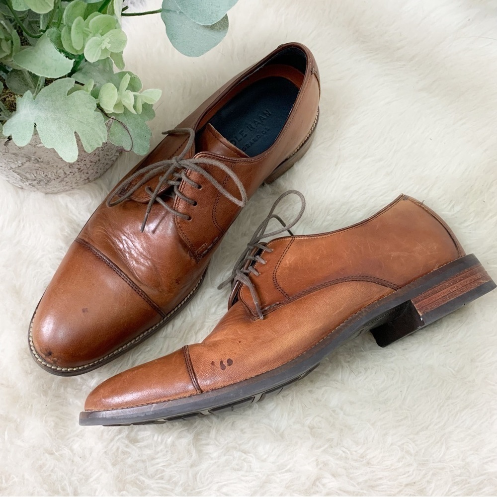 [Cole Haan] Men's Cognac Brown Leather Lace Up Dress Shoes